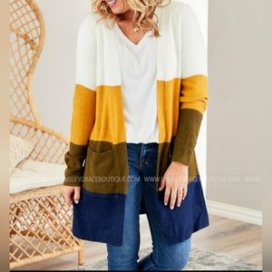 Andree Ivory/Mustard Olive/Navy Color Blocked Cardigan w/Pockets Size S NWT